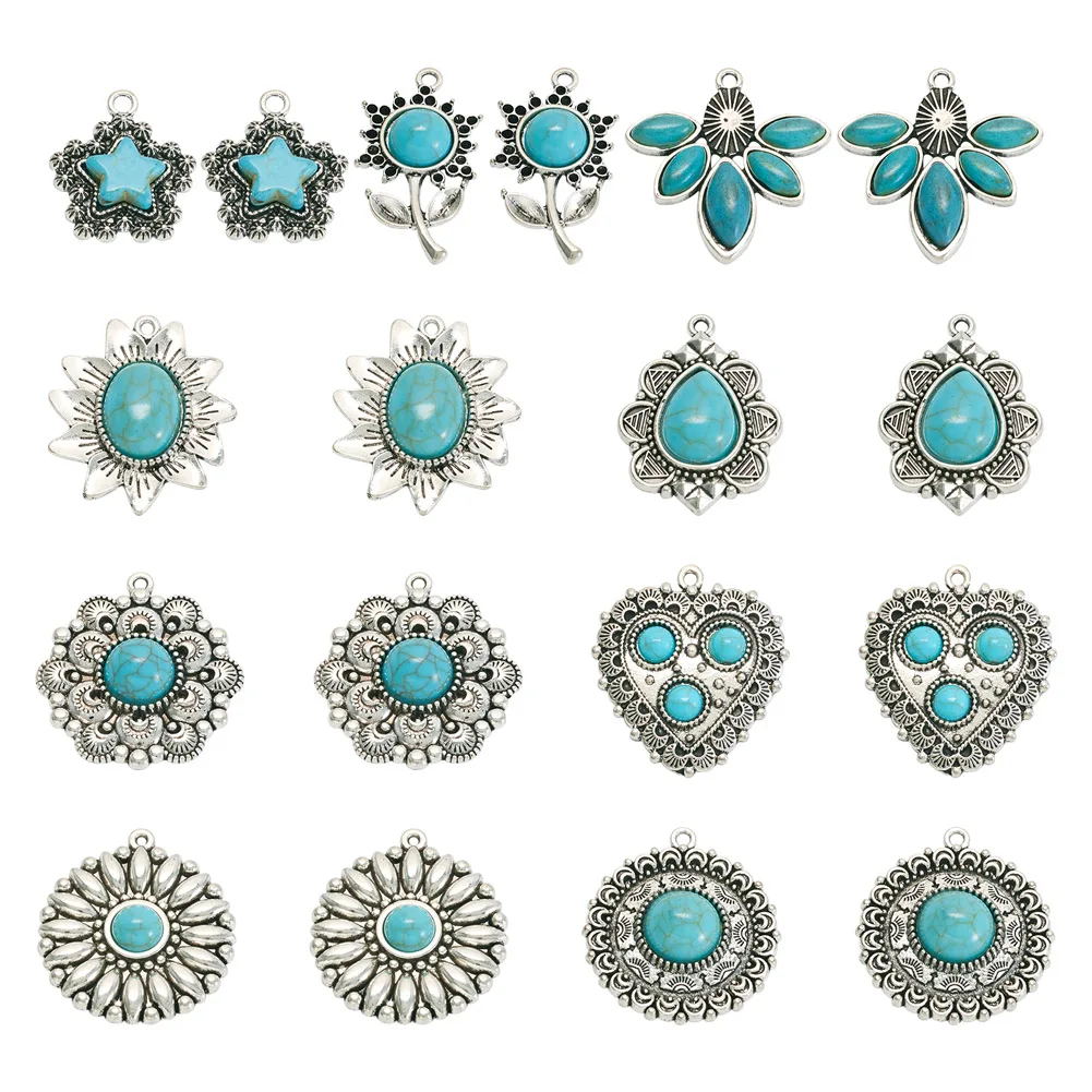 18 Stuks Tibetaanse Stijl Legering Hangers Met Synthetische Turquoise En Hars Kralen Gemengde Vormen Antiek Zilver Voor Het Maken Van Diy Ketting