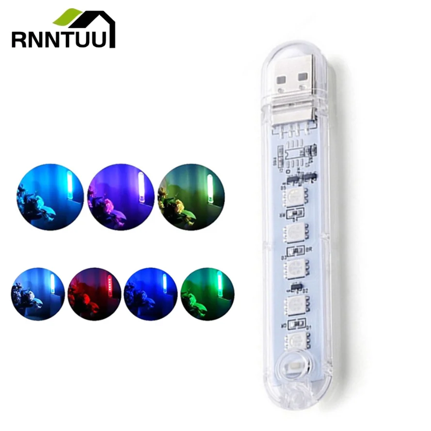 RnnTuu NEW RGB Car Ambient Light DC5V Ultra Bright night light Ambient Light  5 leds Lights For Power Bank PC Laptop Notebook