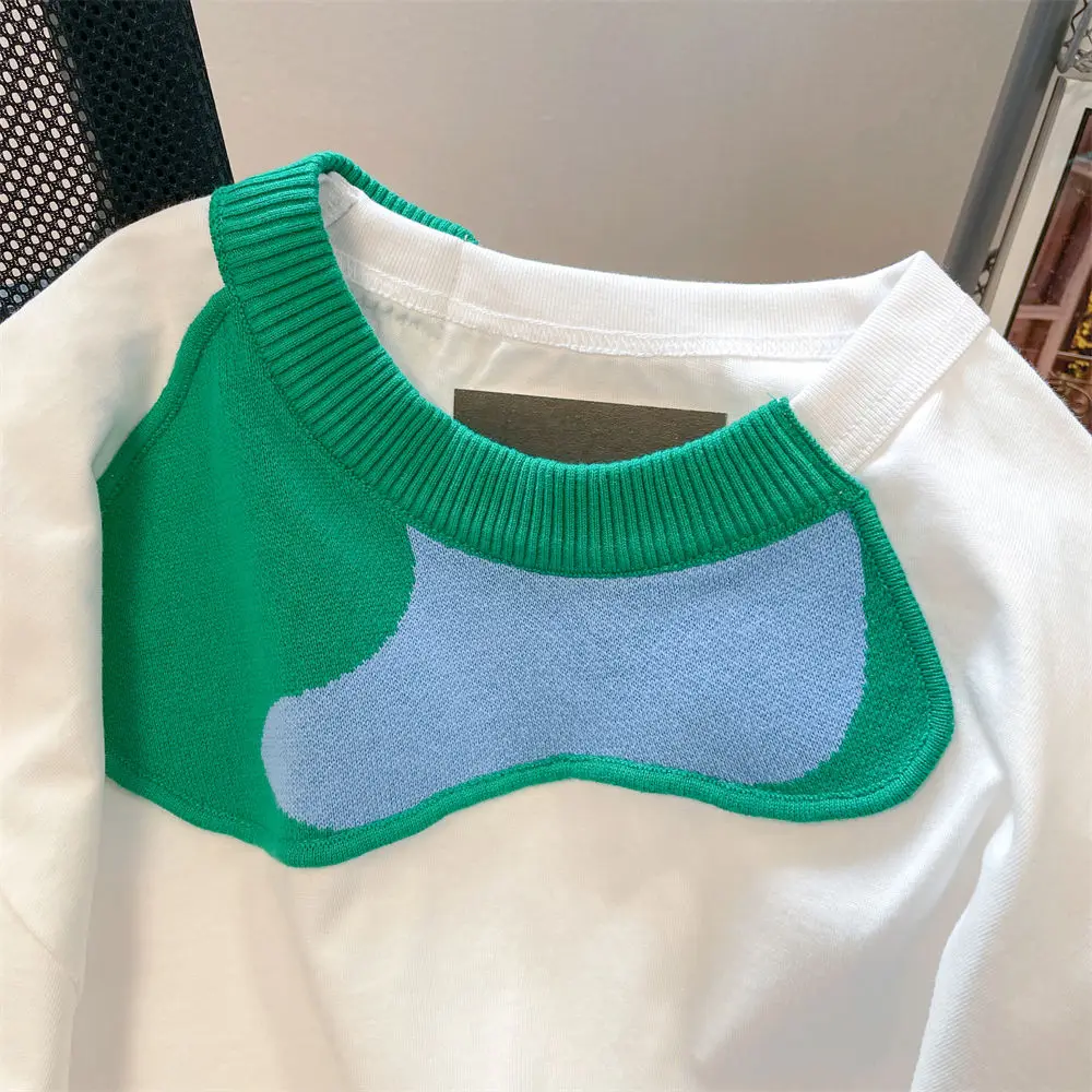 Summer Graphic Printed Women O Neck Short Sleeve T Shirt Spliced Loose Irregular Hit Color Fashion Oversized Couple Cotton Tops