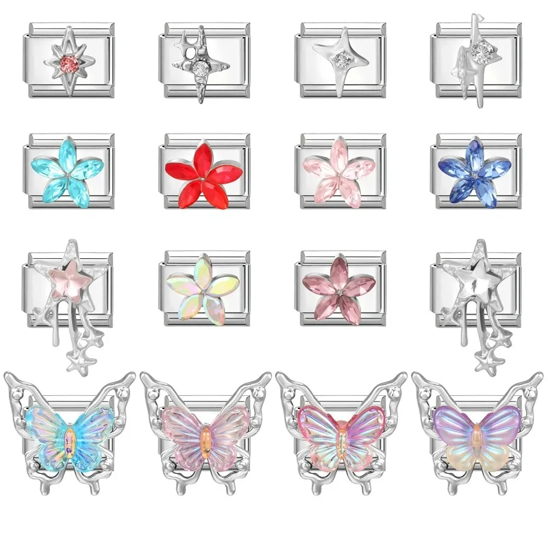Wholeasle Shiny Zircon Colored Butterfly Flowers Italian Charm Links Fit 9mm Stainless Steel Bracelet Women Jewelry DIY Making
