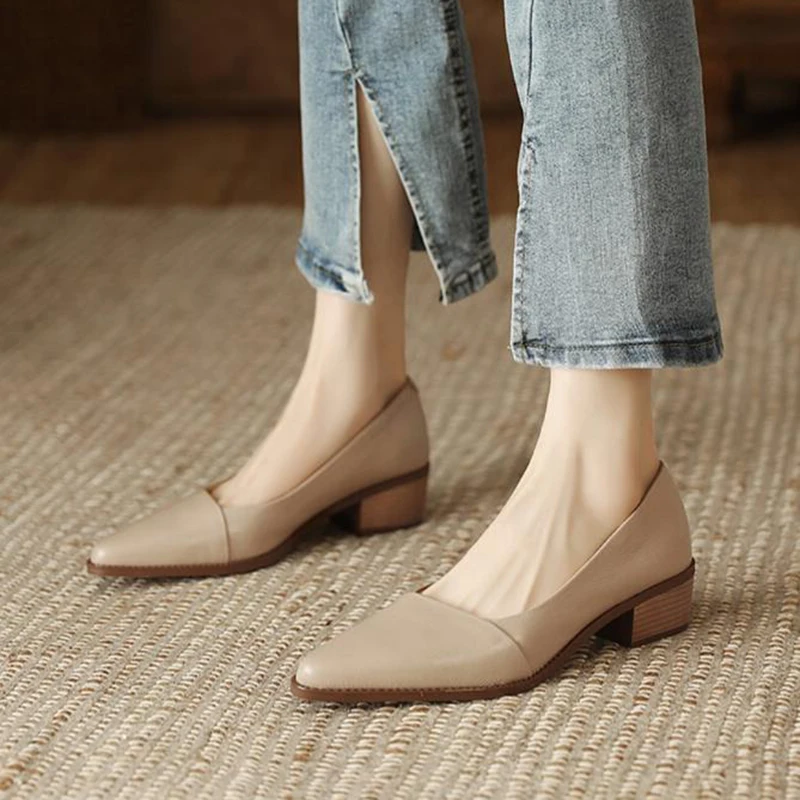 Comemore Pumps for Women Spring and Autumn 2025 Pointy Shallow Mouth Soft Leather Single Shoe Versatile middle Heels for Women's