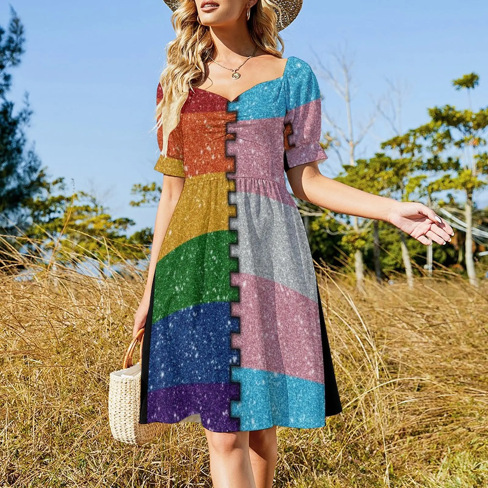 Faux Glitter LGBTQ Rainbow and Transgender Pride Merge Flag Background Short Sleeved Dress party dresses women Dress