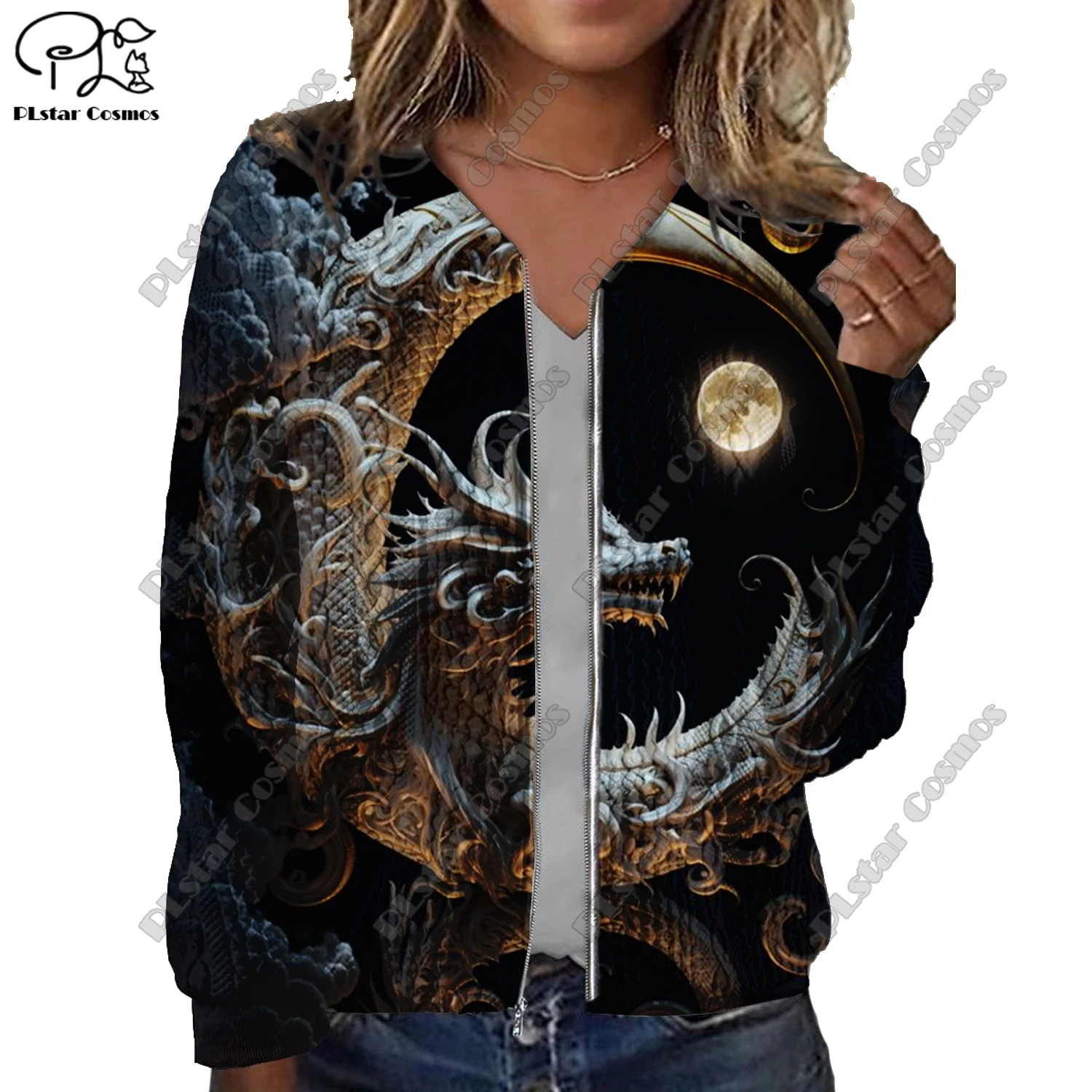 

New 3D printed animal series dragon and phoenix pattern printed women's jacket threaded texture casual authentic short coat LF-2