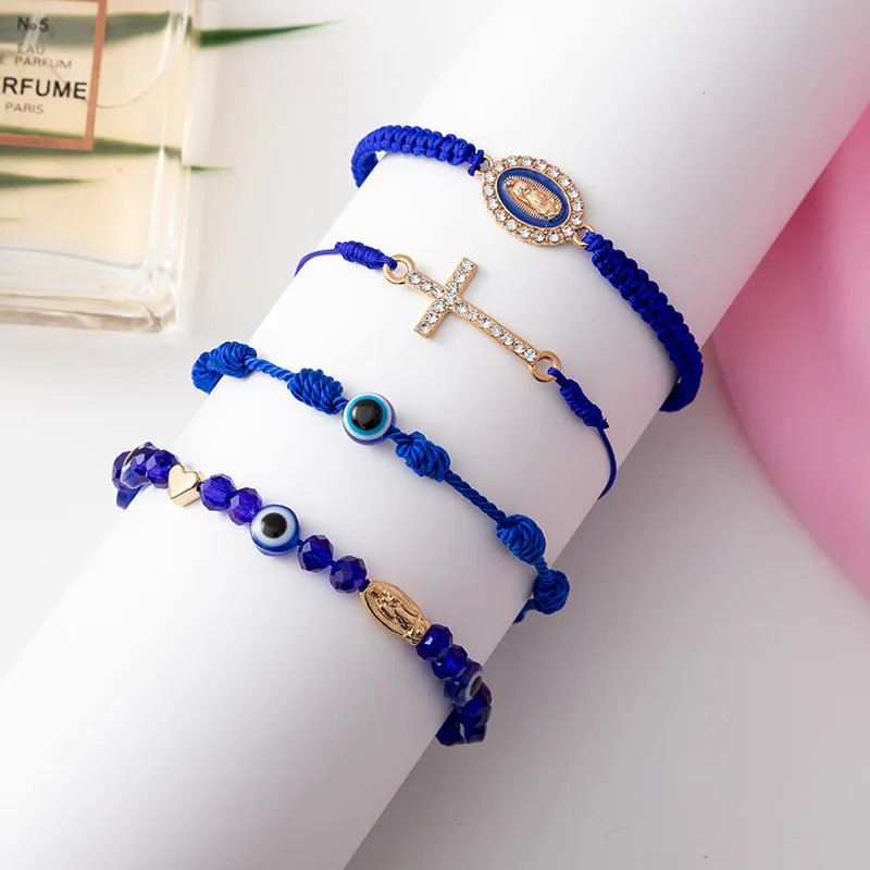 4 pcs/set Lucky Turkish Blue Evil Eye Bracelets for Women Men Virgin Mary San Judas Cross Zircon Braided Bracelet Charm Jewelry