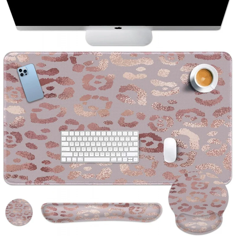 Rose Gold Leopard Pink Desk Mat, Animal Skin Mouse Pad Set with Wrist Support, 4-in-1 Large Mousepad+Keyboard