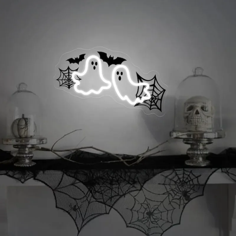 ไฟนีออน LED รูปทรงผี ลายใยแมงมุม แสงไฟกลางคืน ใช้พลังงานจาก USB ปรับความสว่างได้ เหมาะสำหรับตกแต่งห้องนอน งานปาร์ตี้ฮาโลวีน ตกแต่งหน้าต่าง ของขวัญสุดหลอน