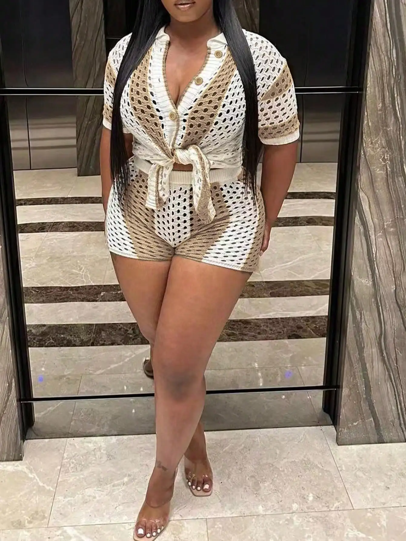 

Women's Knitted Two-piece Set of Shorts Color Block Crochet Short-sleeved Button Shirt Shorts Summer Casual Beachwear