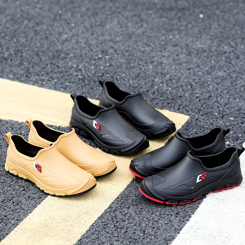 Mens Rubber Shoes Fashion Shallow Slip-on Flats Rain Shoes Waterproof Work Non-Slip Galoshes Husband Fishing Water Boot Footwear