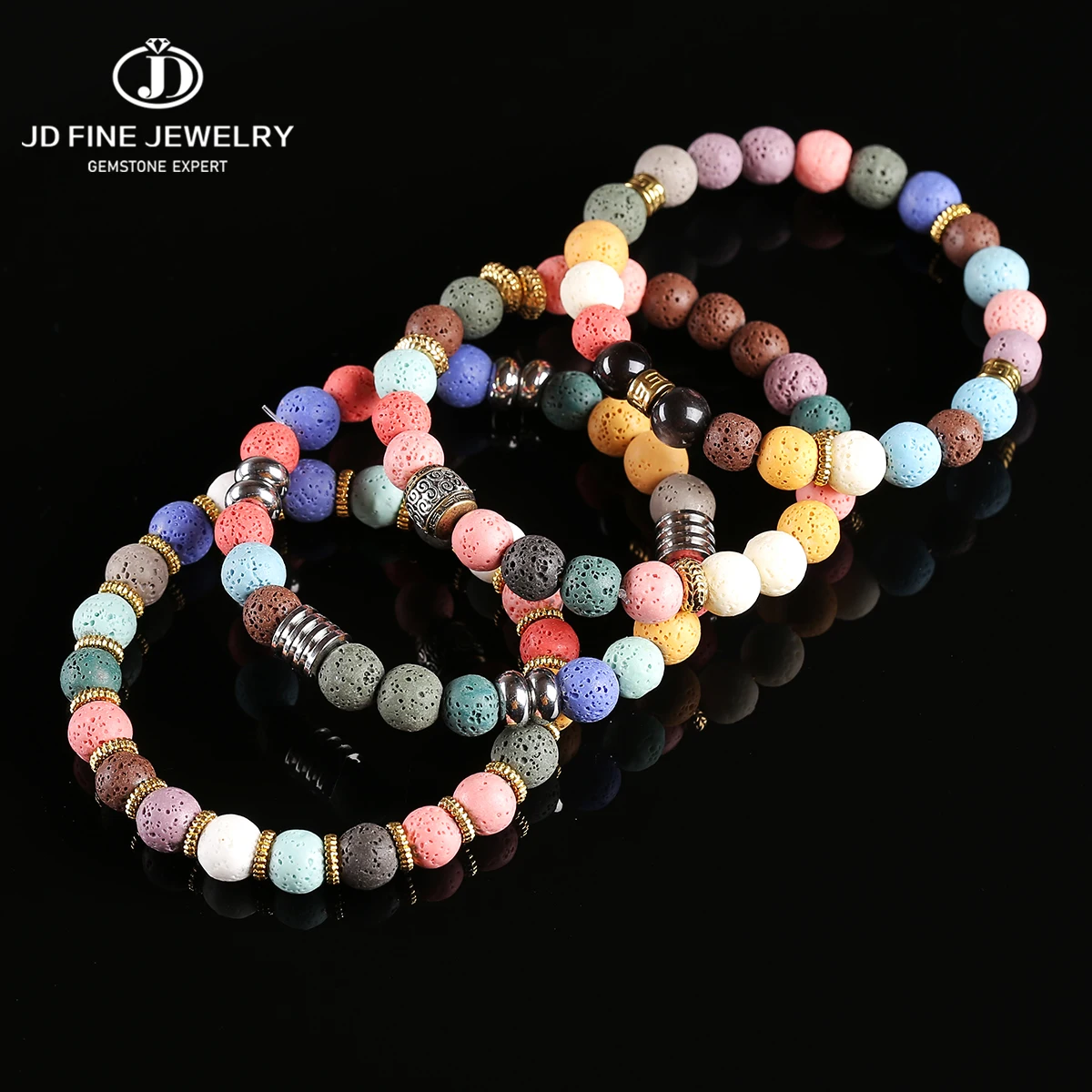 

JD 8mm Natural Stone Colorful Lava Stone Mix Bracelet Beads Bangle Charms Yoga Men Women Meditation Amulet Wrist Bracelet Gift