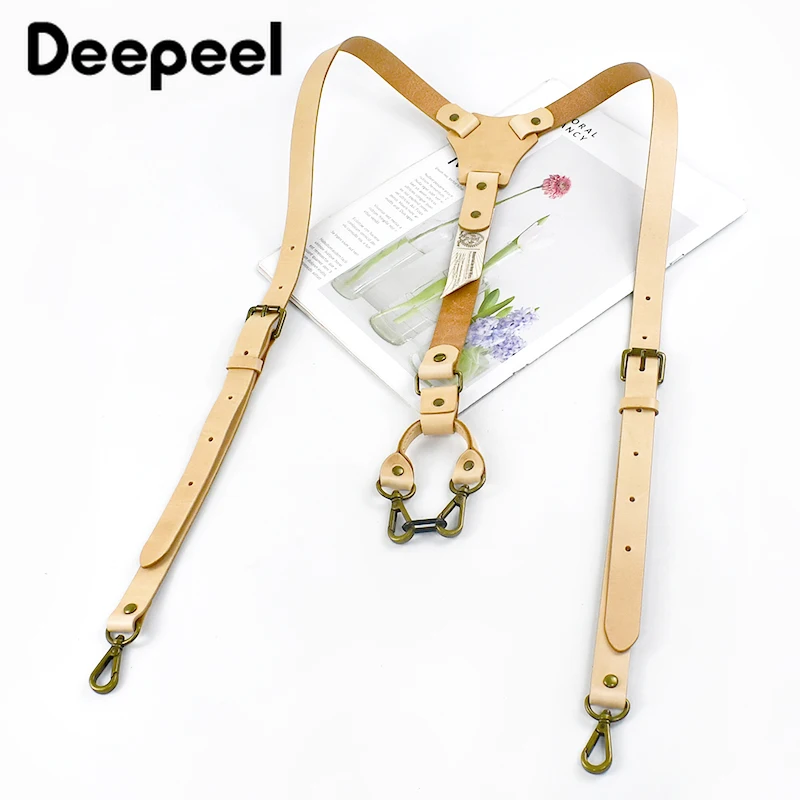 Deepeel 2x100cm suspender pria dewasa Vintage kulit asli tali kait kawat gigi dekoratif Harness kostum pria