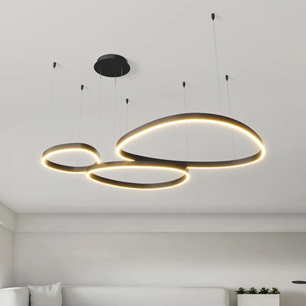 Lustre LED moderno de anéis escovados, Iluminação doméstica, Teto montado para sala de estar, Lâmpada suspensa do quarto, Luzes coloridas preto e branco