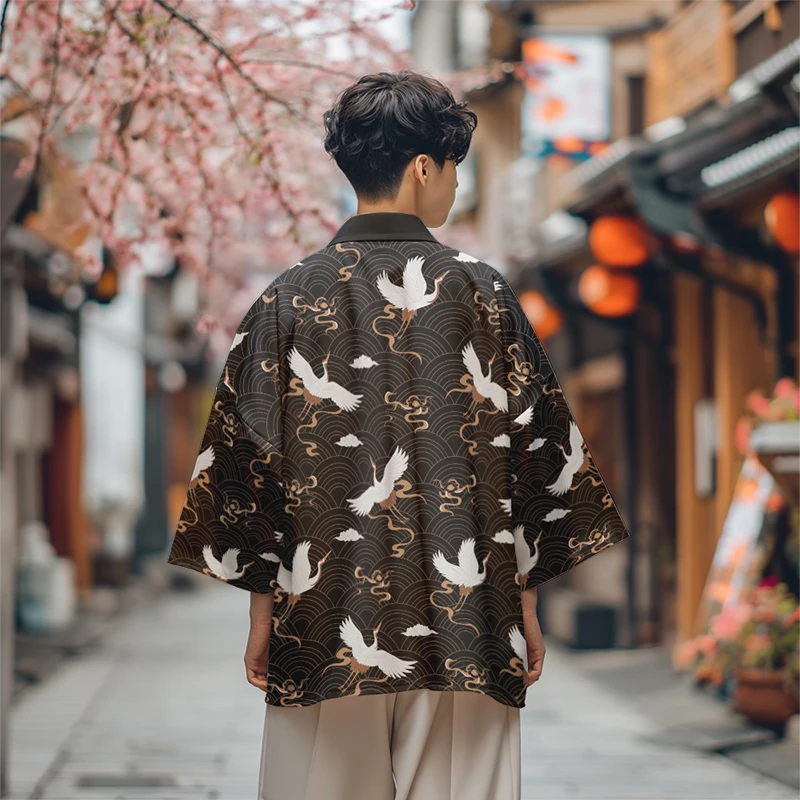 

Fashion Cardigan Robe Streetwear Tops Summer Chinese Style Xiangyun Crane Print Black Japanese Haori Men Women Kimono
