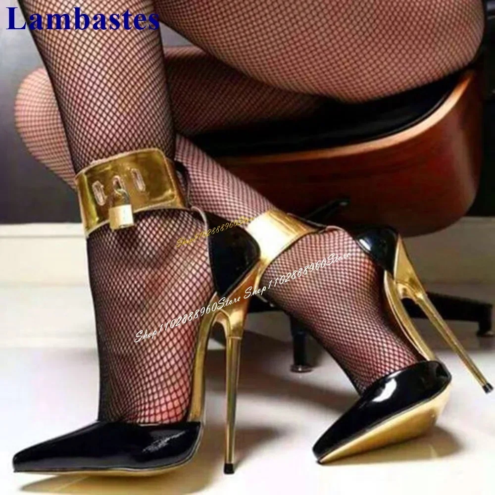 

Luxury Black And Gold Lock Pumps Stilettos High Heel Shoes For Women Hook Belt Pointed Toe 2025 Fashion Zapatos Para Mujere