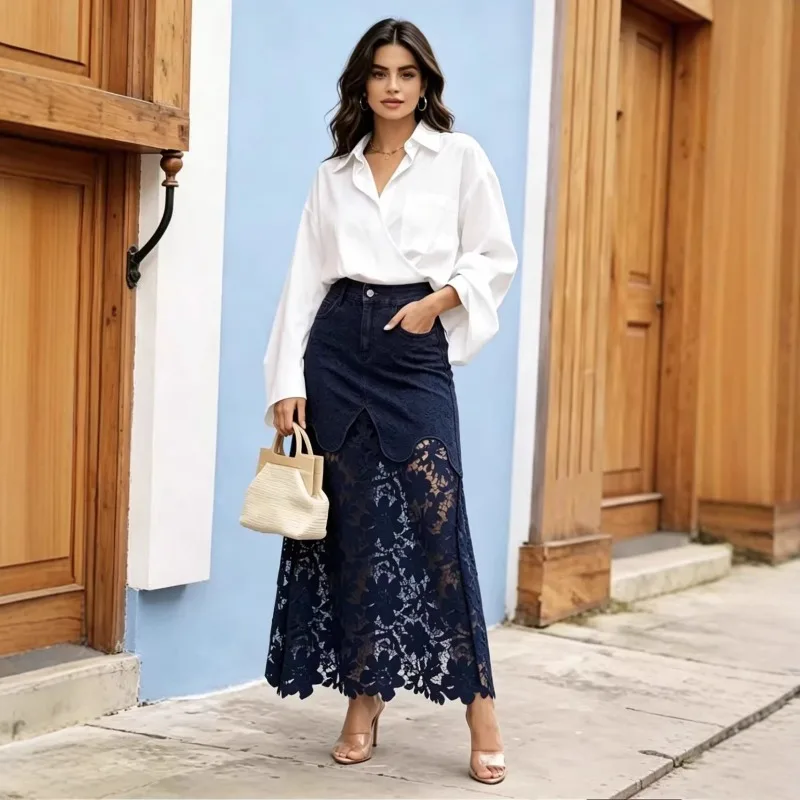 legant Summer Sexy Ladies denim lace hollow skirt 2026 Vintage Solid color high waist slim fit temperament skirt vacation