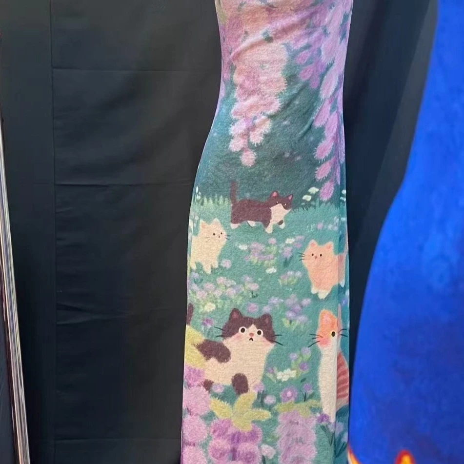 Vintage Art Painting Cat Purple Wisteria Floral Sleeveless Long Dress Women Cottagecore Y2K Cute Slim Bodycon Maxi Summer Dress