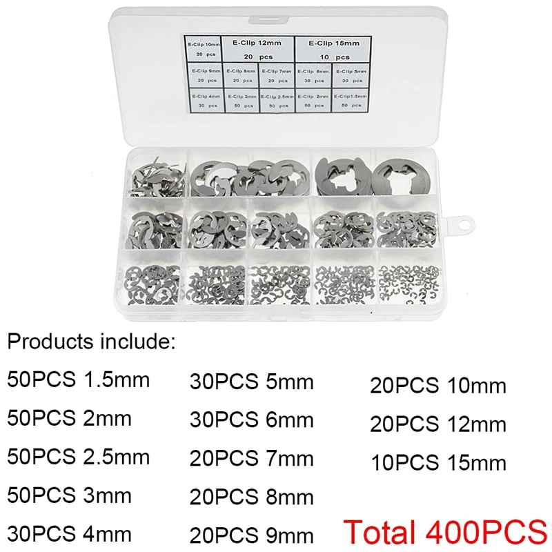 400PCS boxed 304 stainless steel E-type circlip retaining ring E buckle 1.5-15mm combination open clamp ring