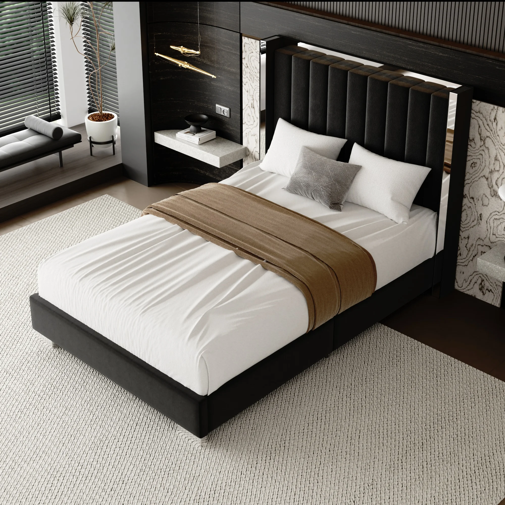 

!@2026 New Design Modern Italian Solid Wood Platform Bed Frame Set Eco-Friendly & Durable King/Queen Size Luxury Bedroom Furnitu