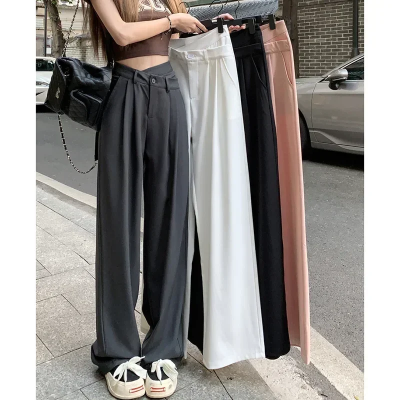 Women Daily Commute Solid Color Suit Pants Lady Baggy Wide Leg Straight Leg Trousers Female Designer High Waisted Draping Slacks