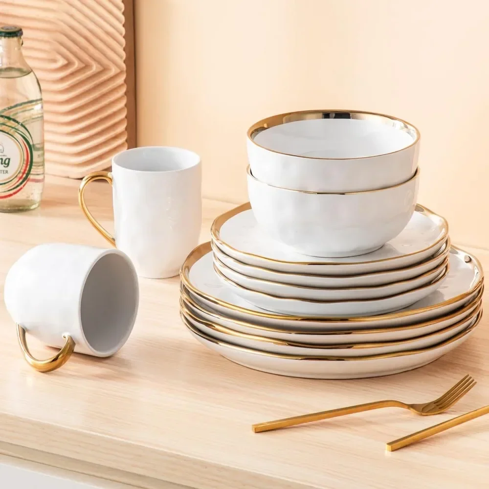 

White tableware set with gold decoration suitable for 4-piece and 16 piece sets of kitchen plates and bowls,