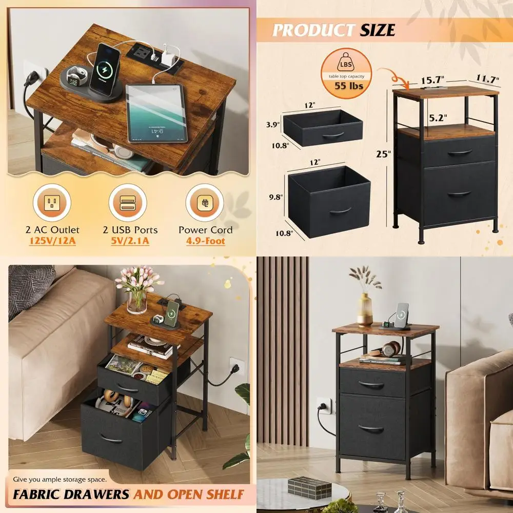 

Пара прикроватных тумбочек с зарядными устройствами, тканевыми ящиками, USB-портами и розетками, черный и деревенский коричневый цвет