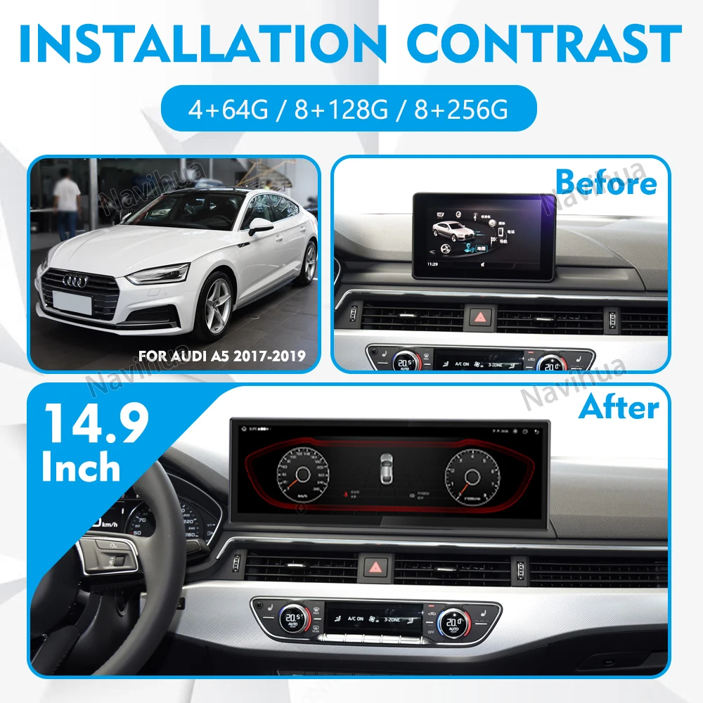 For Audi A5 A4L 2017 2019 New Multimedia Android Car Radio 14.9 Inch 3K Screen Auto Carplay Navigation Headunit Monitor Upgrade