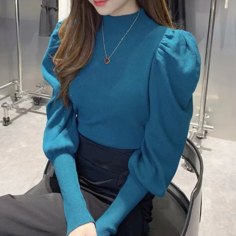 البلوز متماسكة القمم تريكو سترة المرأة محبوك قمصان الخريف الشتاء موضة الإناث الصلبة مطاطا عادية نحيل البلوزات ضئيلة #5