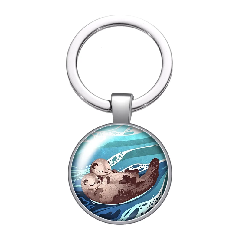 New Cute Cartoon Otter couples Animlas Photo glass cabochon keychain Bag Car key chain Ring Holder Charms keychains for Gifts