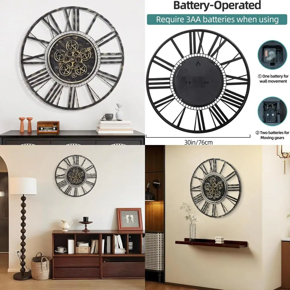 

30 Inch Bronze Large Gear Wall Clock, Rustic Farmhouse Style, Steampunk Metal Decor for Living Room