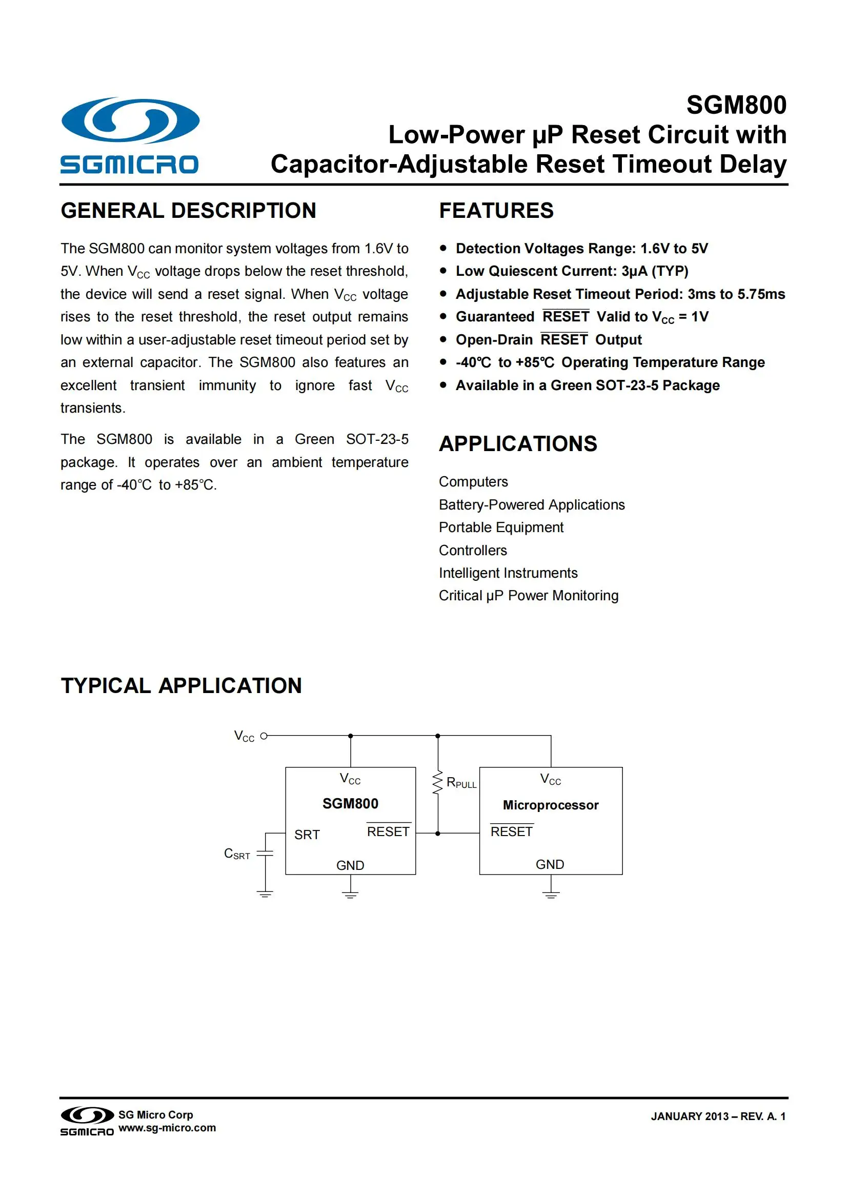 SGMICRO SGM800-2.32YN5G/TR SOT-23-5 2.32V Low-Power μP Reset Circuit with Capacitor-Adjustable Reset Timeout Delay