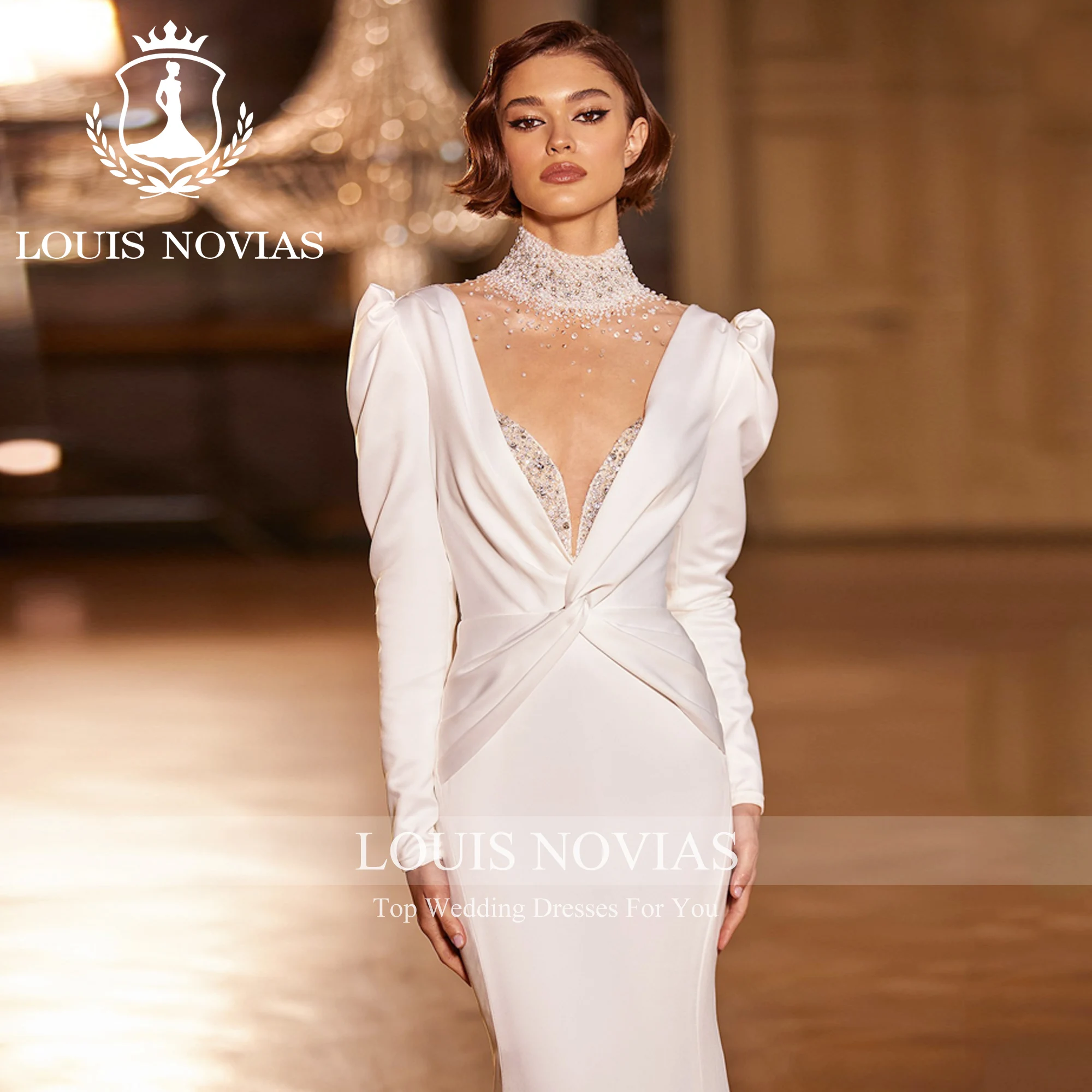 LOUIS NOVIAS Luxury Mermaid Long Sleeve Wedding Dress Sexy Halter Invisible Neckline Beading Slim Wedding Gown Vestidos De Novia