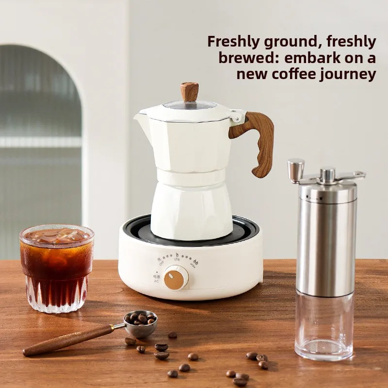 Italian double-valve aluminum alloy mocha kettle, wood grain handle trumpet pour-over coffee pot set