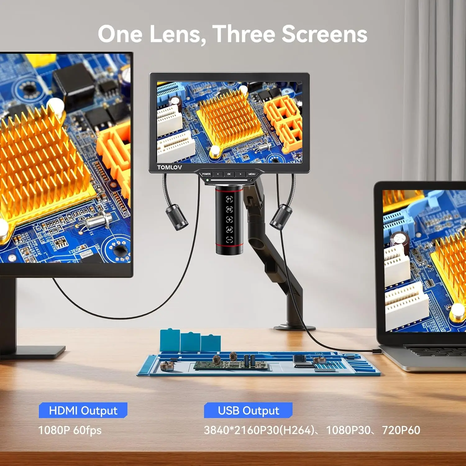 TOMLOV TM3K-AF HDMI Digitalmikroskop mit elektronischem Autofokus-Objektiv, 3K-Vollbild-Vergrößerung, 7-Zoll-Bildschirm für PCB-Lötarbeiten und DIY-Projekte