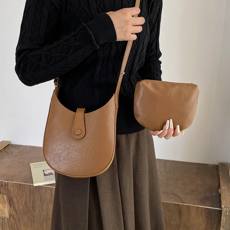Vintage Solid Color Saddle Shoulder Bags for Women Textured Ladies 2-Piece Set Crossbody Bag Simple Portable Female Pu Handbag