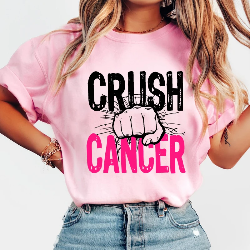 Funny Breast Cancer Awareness Crush Cancer Print T-Shirt Summer Letter Print T Shirt Women Men Short Sleeve Loose Shirts