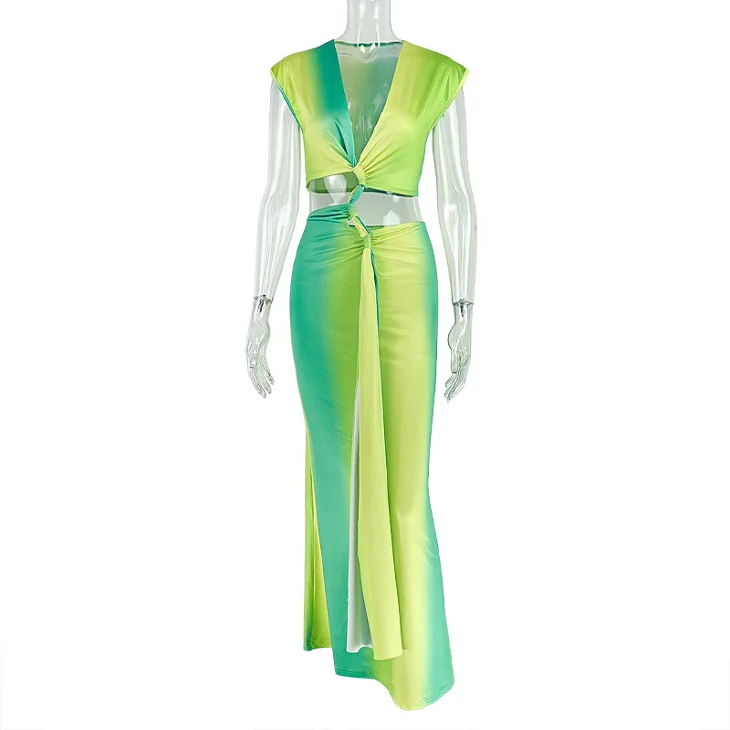 Elegante LADY sfumatura di colore tagliato vestito 2025 donne di estate senza maniche scollo a V aderente fasciatura sexy club party maxi abiti