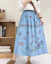 Mori kei clothing Japanese vintage denim long skirts women cartoon cats embroidery denim skirts harajuku fashion jean skirts