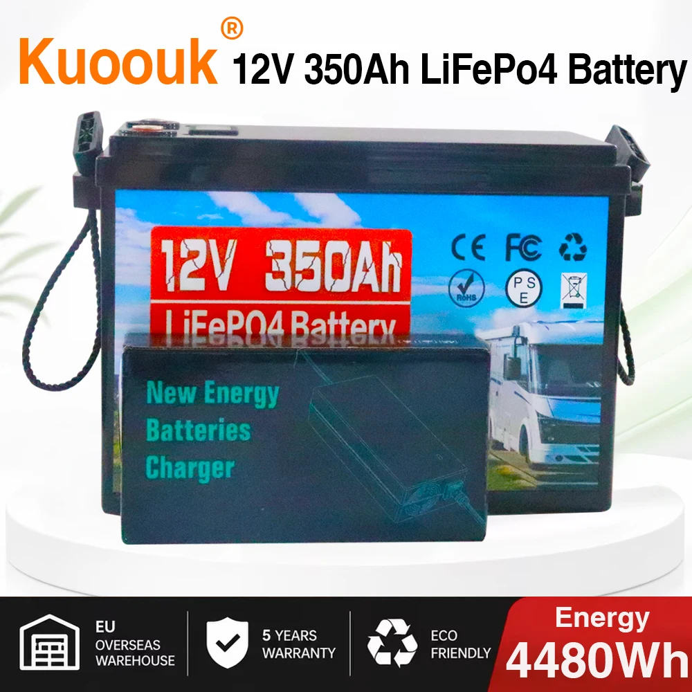 Image of 12V 350Ah LiFePO4 Batterie, Kuoouk 12,8V Lithium-Eisenphosphat-Batterie mit 100A BMS & Niedertemperaturschutz, bis zu 10000+ Deep Cycles für Wohnmobile, Reiseanhänger, Trolling-Motoren, Marine