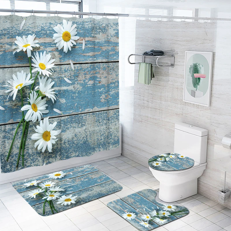 YOMDID 1/4pcs Daisy Floral Shower Curtain Set Printed Bathroom Curtain Spring Summer Flowers Bath Curtain Durable Bathroom Decor