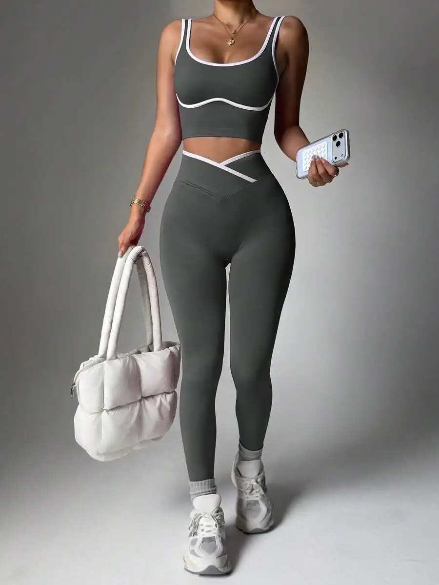 

Womens Seamless Yoga Set Color Block Sports Bra And Leggings Workout Fitness Two Piece Set