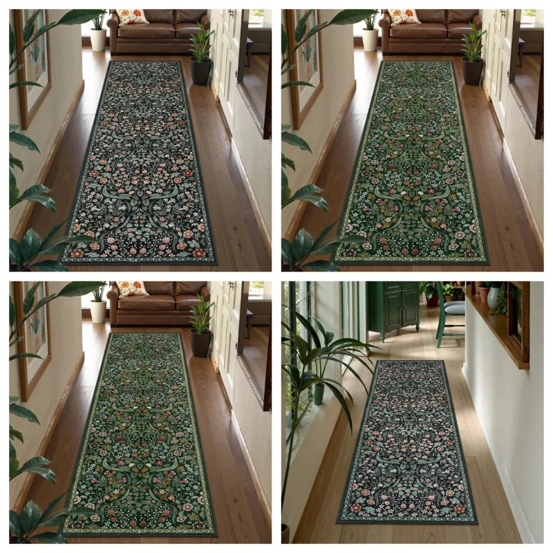 Retro Green Floral Long Corridor Carpet Machine Washable Foldable Bedroom Bedside Floor Mat Soft Non-slip Balcony Rug Tapis 러그