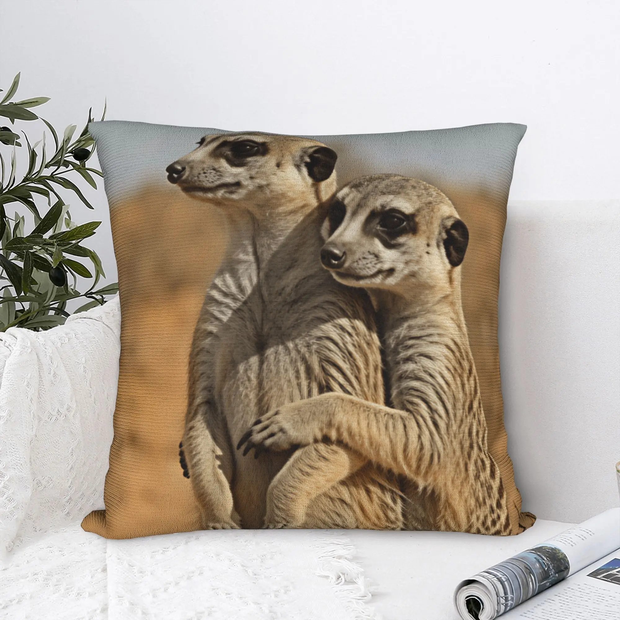 Pillow Cover Two Meerkats Standing And Hugging Desert Scene Print  Cute Funny Pillow Case For Couch Bed Living Room Pillowcases