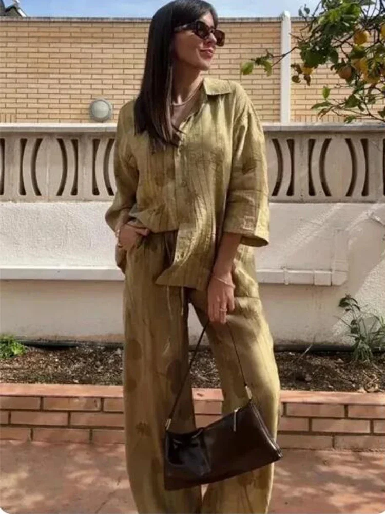 

Women's Fashion Two Piece Set Loose Jacquard Shirt 2024 High Waist Trousers Set Lapel Half Sleeve Shirt Wide Leg Pants