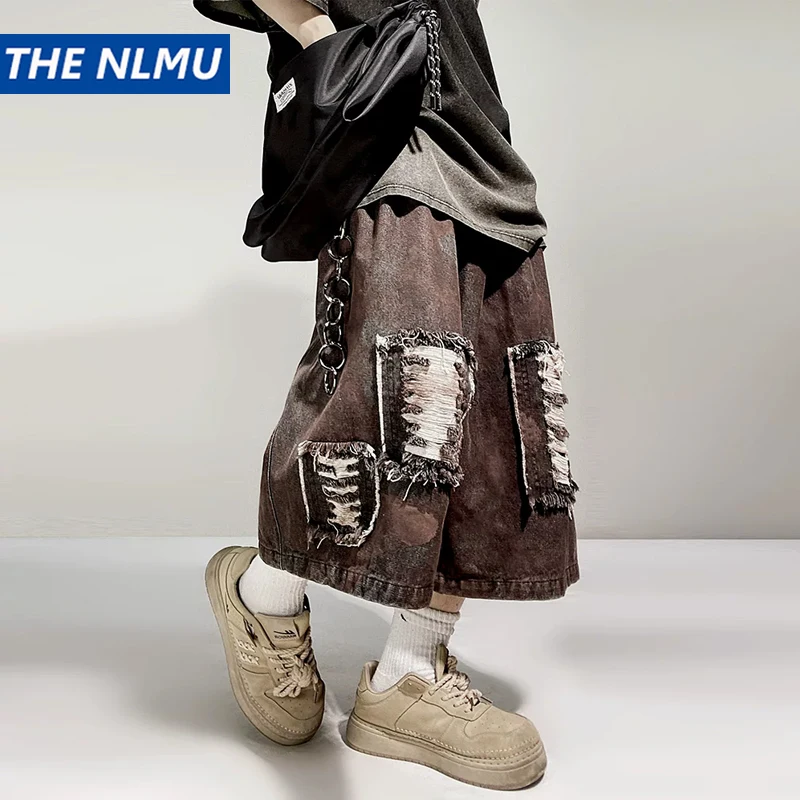 

Hip Hop Punk Ripped Denim Shorts Men Vintage Washed Distressed Jeans Shorts Streetwear Loose Wide Leg Short Trousers