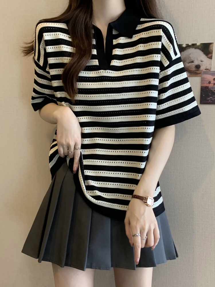 

Ice Silk Neck Short Sleeve T-Shirt Women's Thin Summer Casual plus Size Slimming Striped Base Shirt Hollow out Splice Ko...