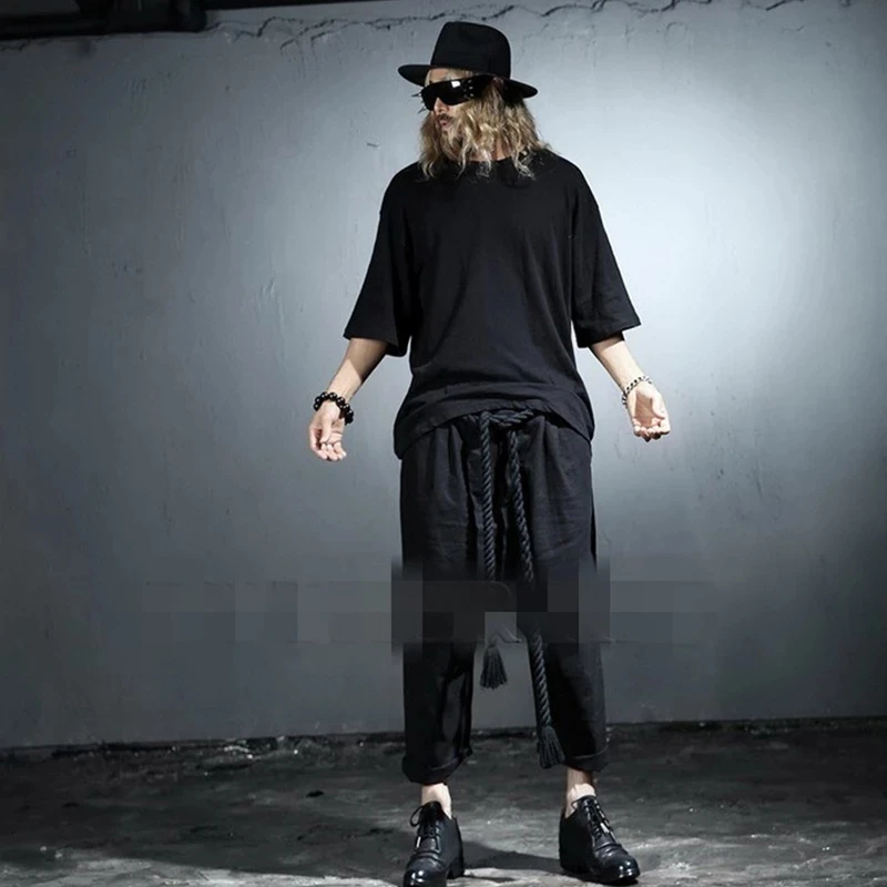 Korean summer trend lightweight hip hop loose round leader T-shirt long solid color versatile mid sleeve top