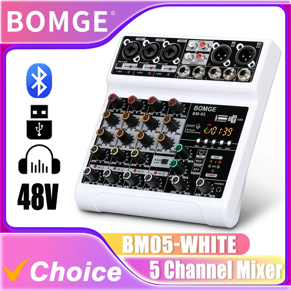 BOMGE BM05 Audio Mixer Mixing Console with 5 Channel Digital USB Bluetooth Echo Delay Effect 48V Phantom Power Stereo DJ Mixers