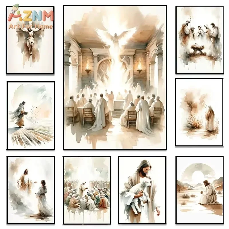 Biblical Story Watercolor Canvas Wall Art Jesus Christian Religious Print Unframed Canvas Painting Home Church Room Decor