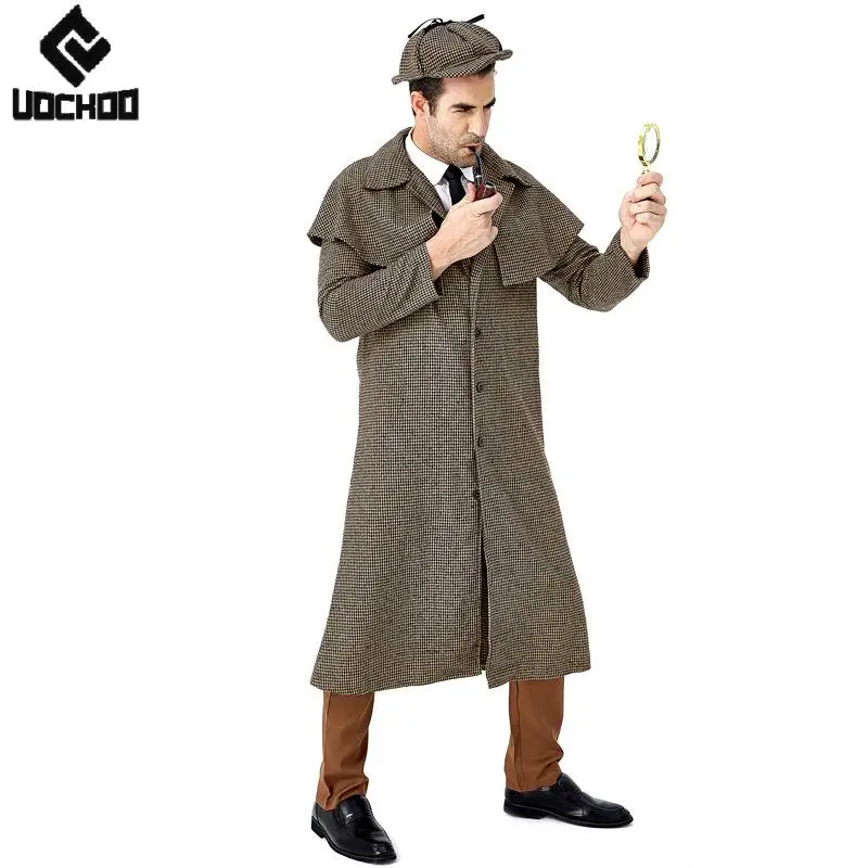 Men's Detective Costume Cosplay Victorian Sherlock Holmes Clothes with Trench Coat Hat for Halloween Male Cosplay Party Outfits view 2