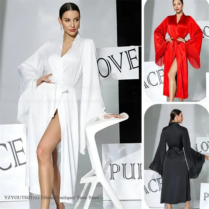 

Tassel Sleeve Long Robe Loungewear Elegant French Style Sleepwear Bathrobe Kimno Gown Spring Summer New Home Dress Loungewear