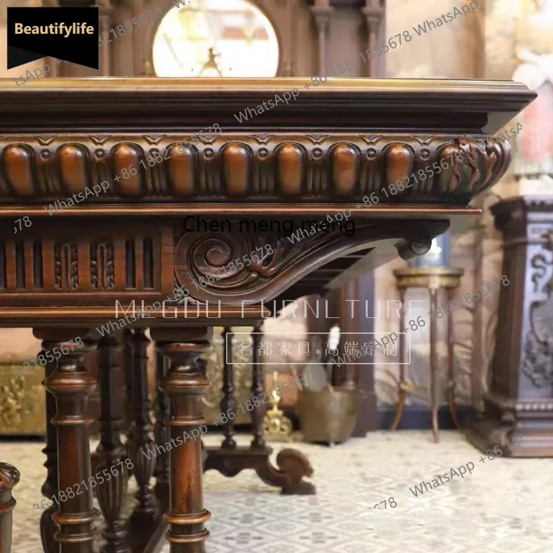 A139 French solid wood dining table combination retro old color carved dining table chairs banquet table medieval furniture